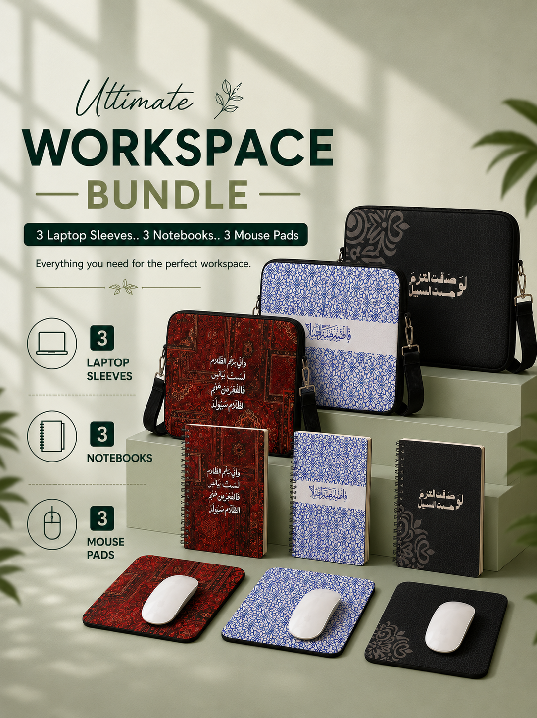 Ultimate Workspace Bundle | 3 Laptop Sleeves + 3 Notebooks + 3 Mouse Pads